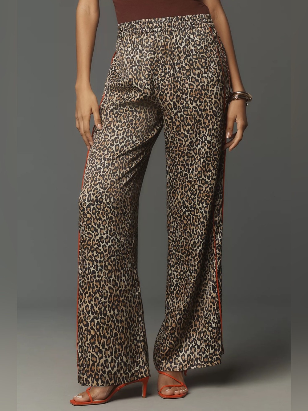 Anthropologie Leopard Pull-On Pants Wide Leg Tuxedo Stripe Fluid Satin Medium